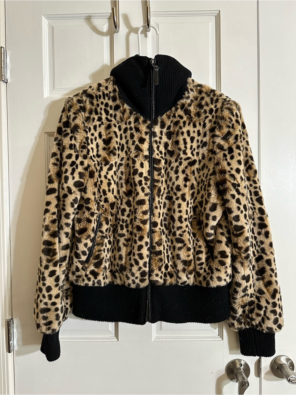 Vintage Via Spiga Leopard Print Faux Fur Bomber Jacket with Black Trim